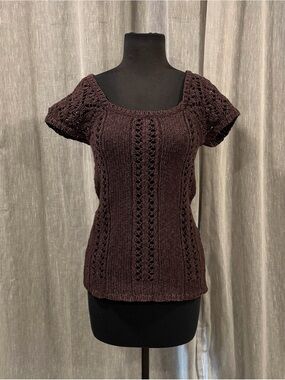 Old Navy Chocolate Brown Crocheted Short Sleeve Square Neck Sweater